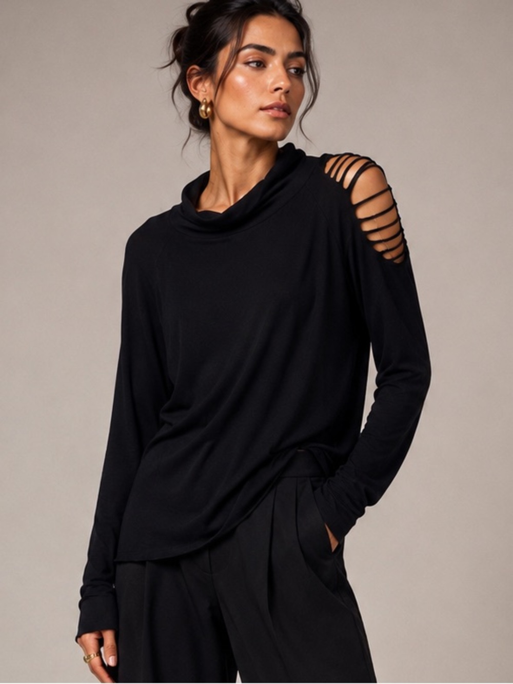 LA Made Black Cutout Shoulder Cowl Neck Long Sleeve Top Medium NWOT